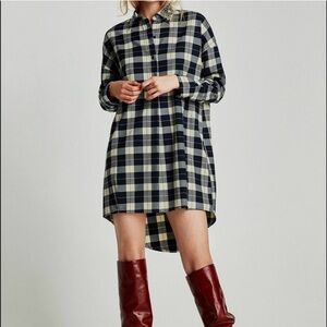 Zara Oversized Plaid Shirt Dress w/ Jeweled Collar Black and Ivory size Large